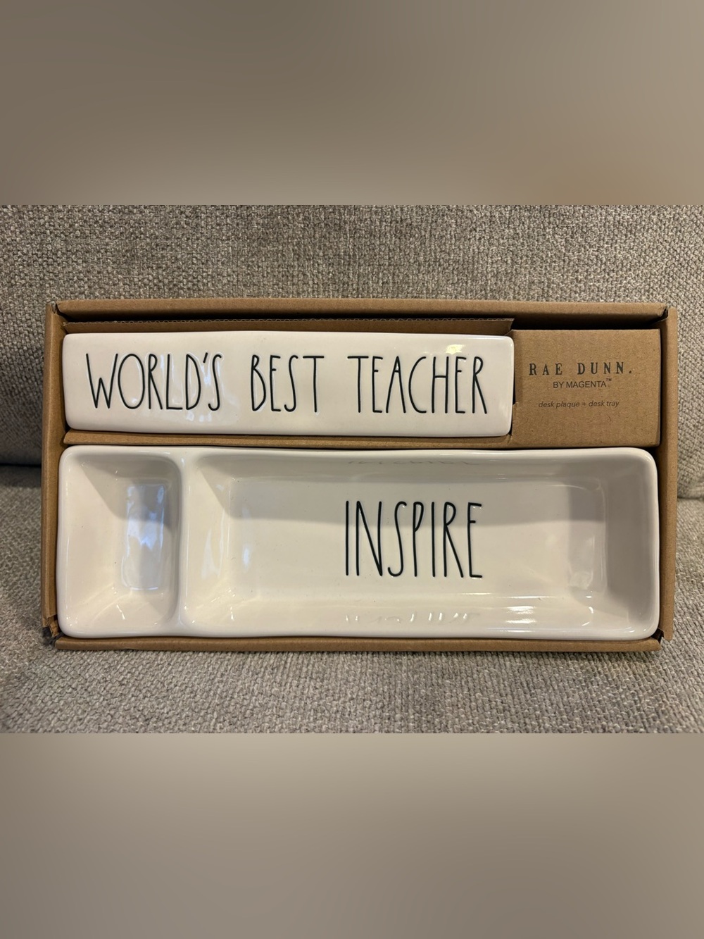 RAE DUNN Ceramic “WORLD’S BEST TEACHER” “INSPIRE” Desk Plaque & Desk Tray